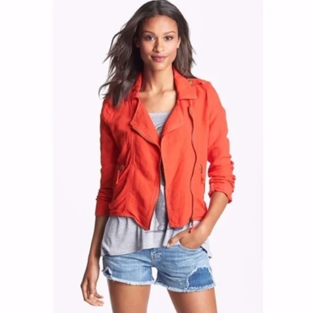 Lucky Brand Women’s Orange Linen Blend Moto Jacket